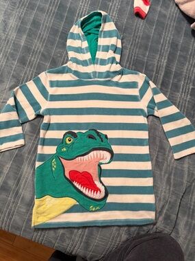 Mini Boden Teal & White Striped Throw-on with Dinosaur Applique